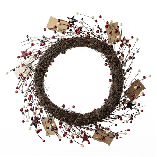 Glitzhome® 22" Americana Flag & Berry Wreath